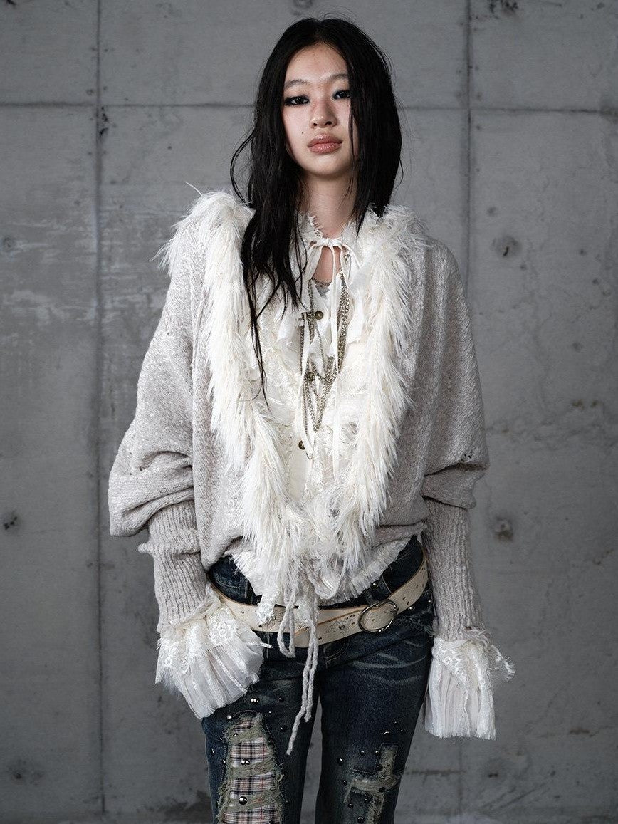 NO ROMANCE Vintage Shibuya Knitted Batwing Sleeve Hooded Women'S Knit Hoodies