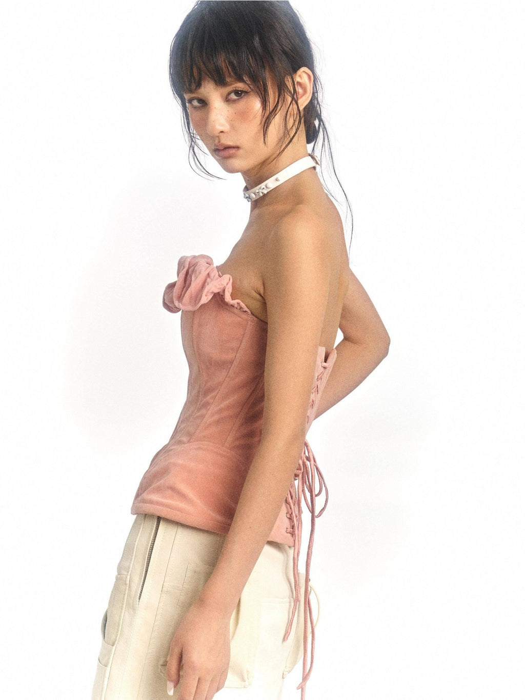 Flowers birds Market Zipper Detail Sweet Fitted Cropped Strapless Solid Pink Tube Tops / Bandeaus