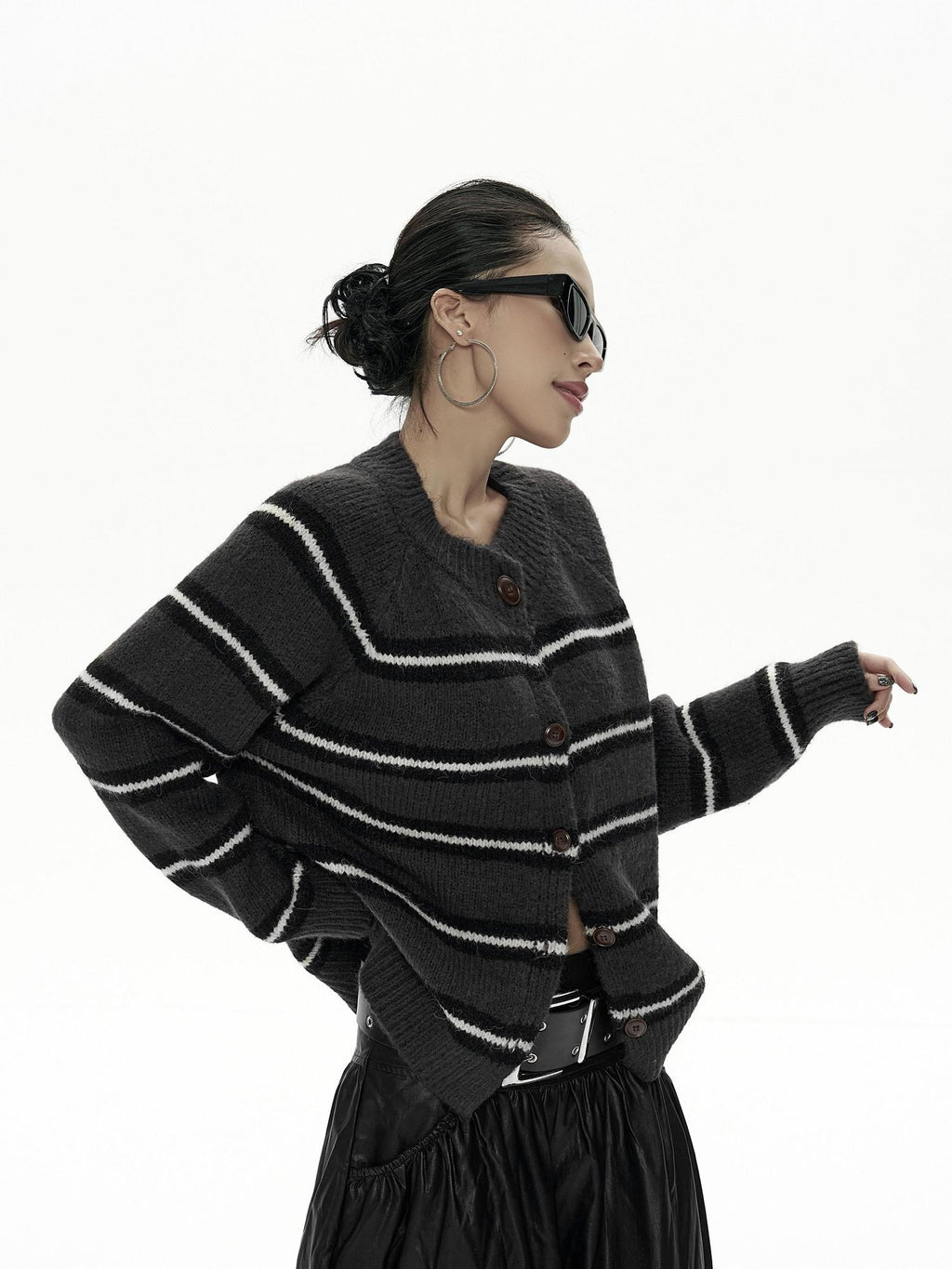 ZERO Cozy Acrylic Striped Relaxed Fit Round Neck Button Front Young Women Cardigans