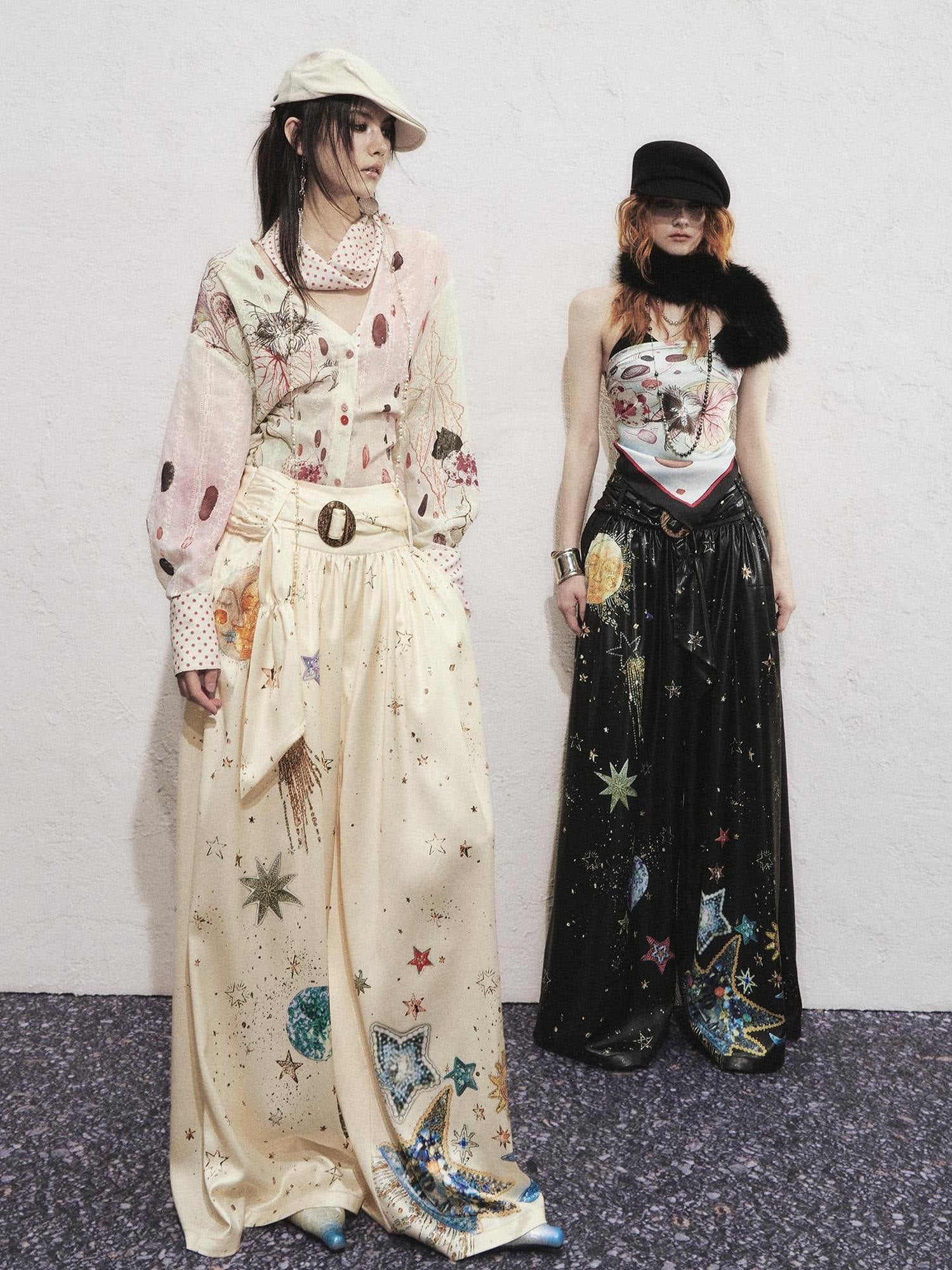 OfAkiva High Waist Starry Galaxy Print Casual Pockets Elastic Waist Women Wide Leg Pants