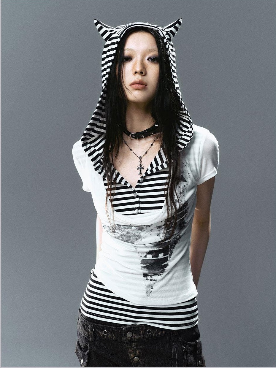 Cest Nous Lightweight Lyocell Slim Fit Short Sleeve Striped Letter Women White Hoodie