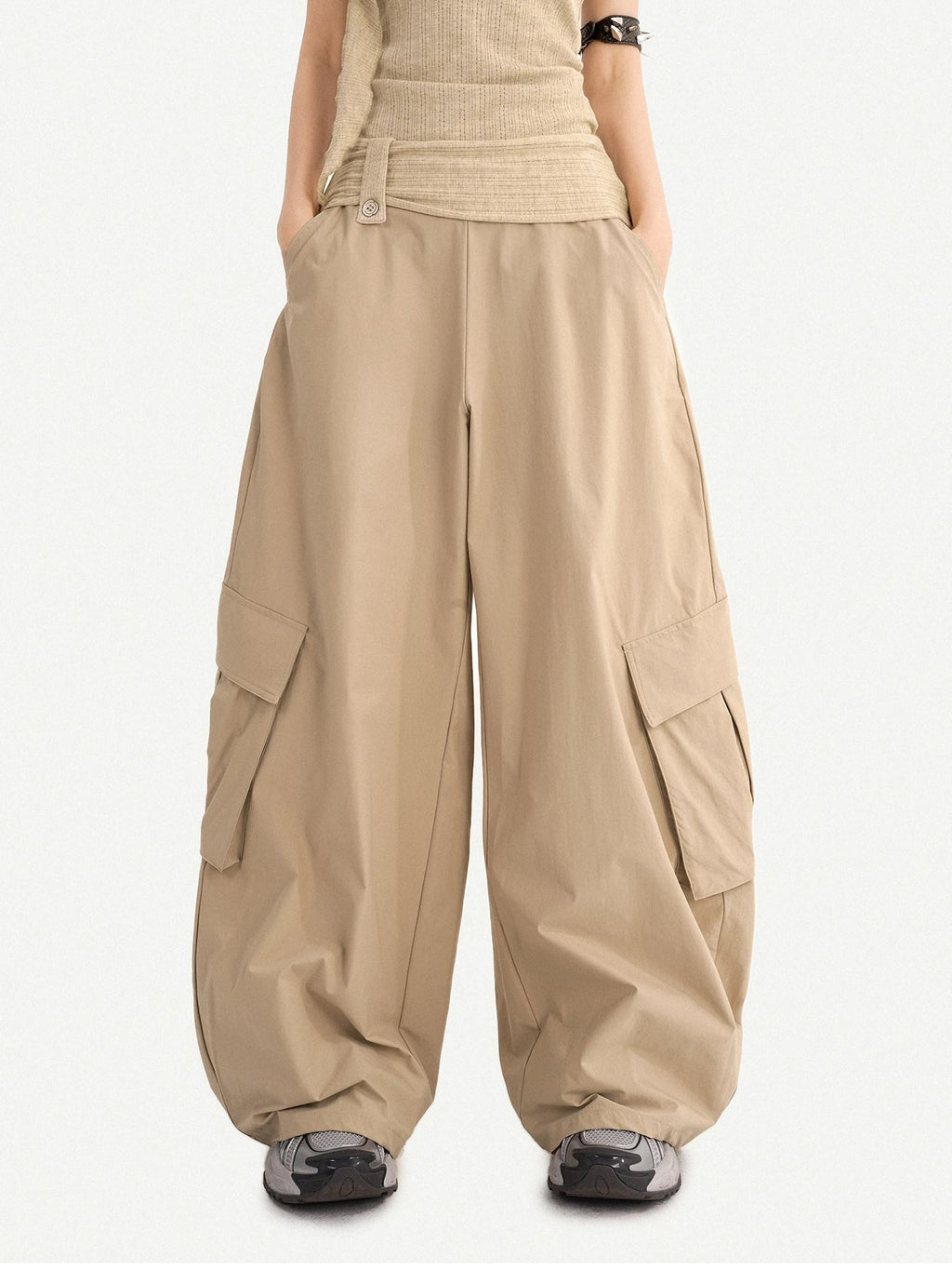 Nico Molly High Waist Khaki Loose Straight Leg Pockets Button Fly Casual Women Cargo Pants