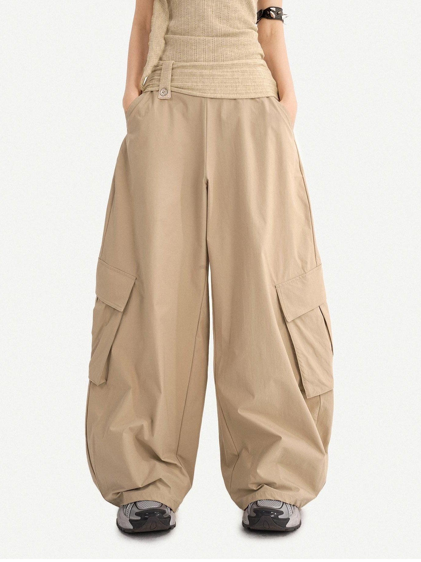Nico Molly High Waist Khaki Loose Straight Leg Pockets Button Fly Casual Women Cargo Pants