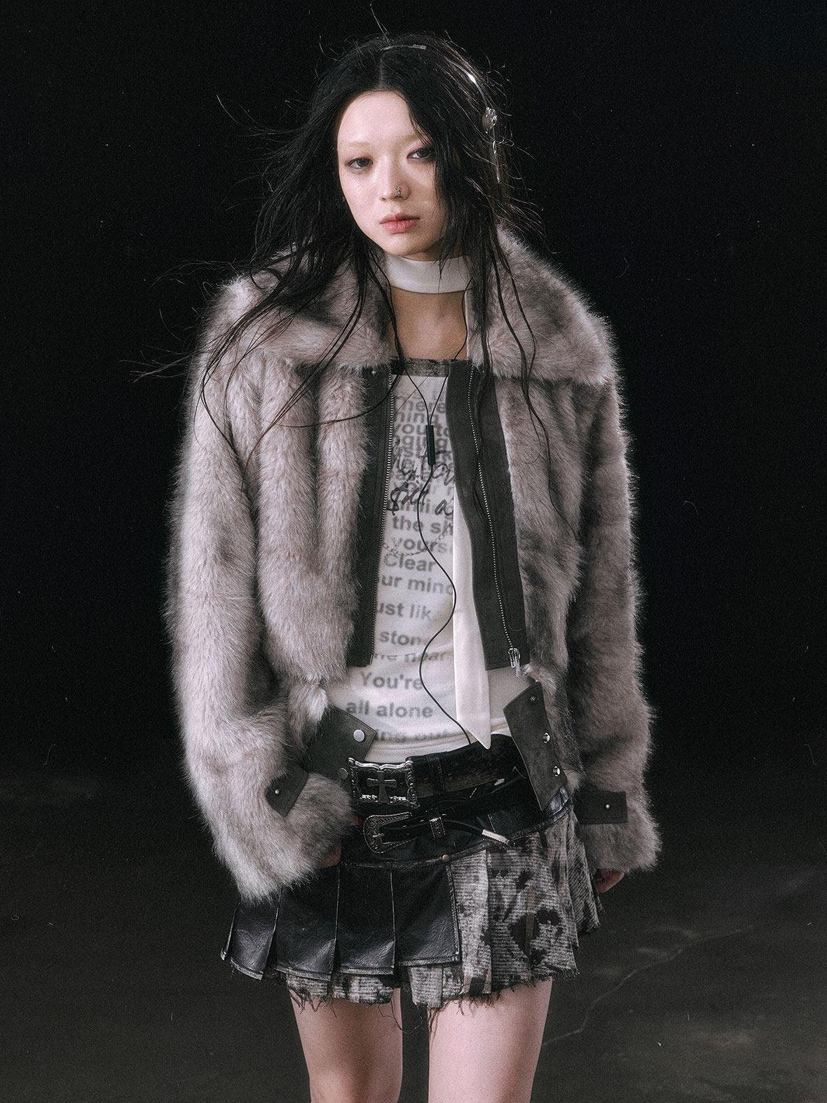 Cest Nous Thick Fur Collar Punk Street Short Fit Young Adults Silver Gray Beige Jackets