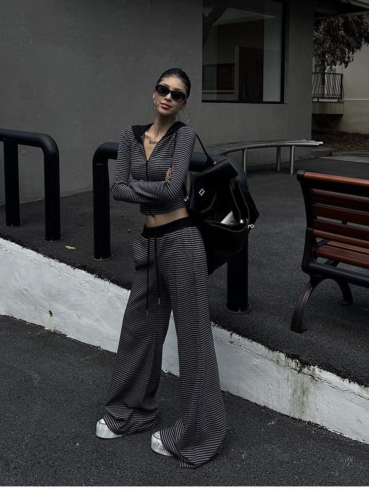 ZERO Soft Cotton Striped Crop Long Sleeve Casual Women Lounge Top & Pants Sets