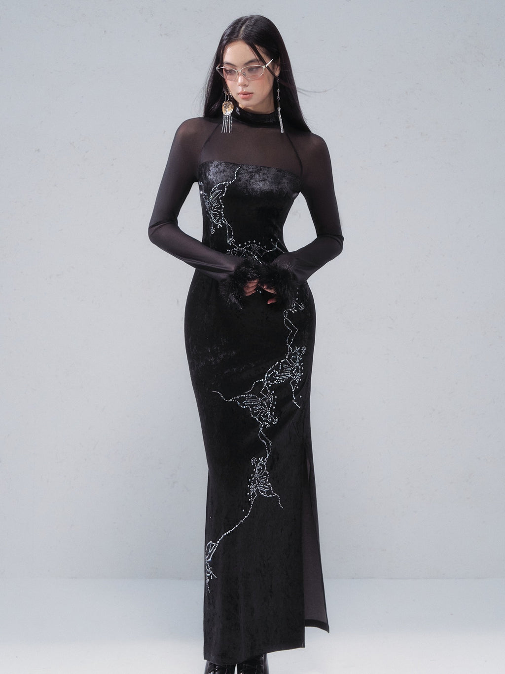 OfAkiva Rhinestone Neo Chinese Slim High Waist Cheongsam Women Black Maxi Dresses
