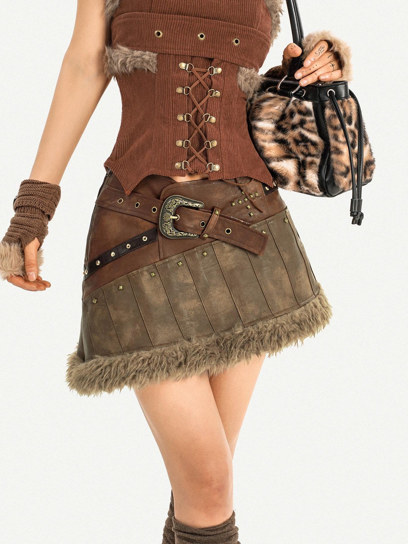 Nico Molly Beaded Vintage Patchwork A Line Mid Waist Lined Brown Women Top & Skirt Sets