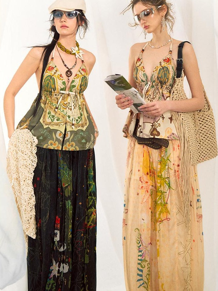 OfAkiva Floral Print Slim V-neck Tie Front Short Women Green Beige Halter Crop Tops