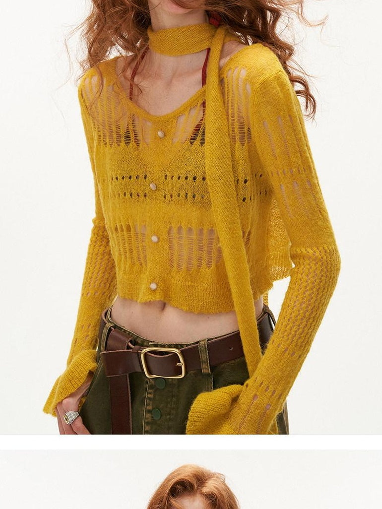 MAMC Wool Blend Hollow Knit Casual V-neck Short Button Two Piece Women Cardigans