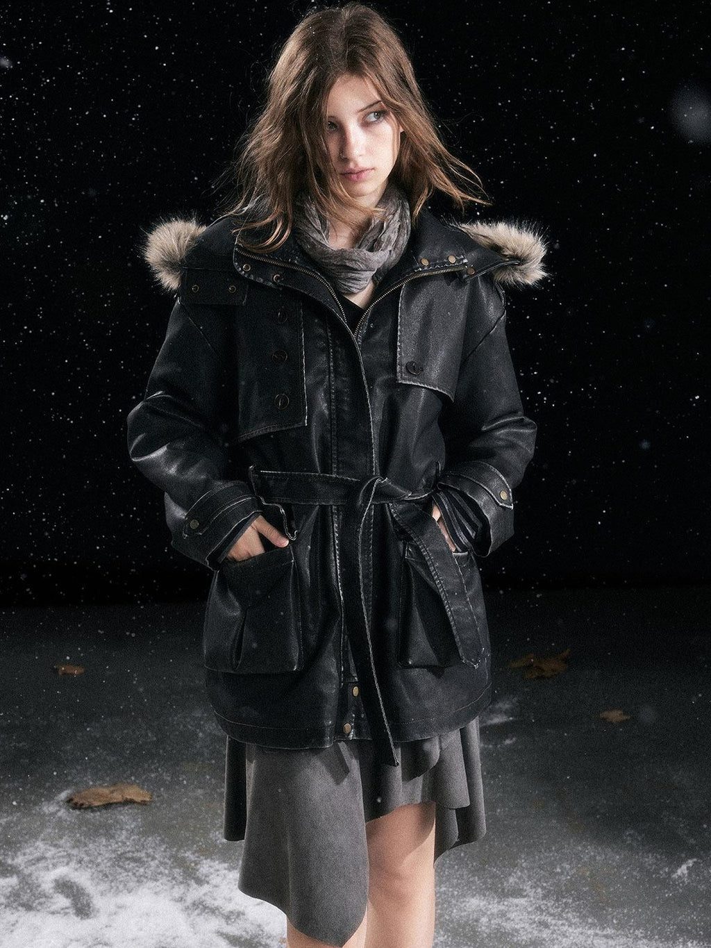 Cest Nous Insulated Commuter Hooded Straight Women Washed Black Leatherjackets