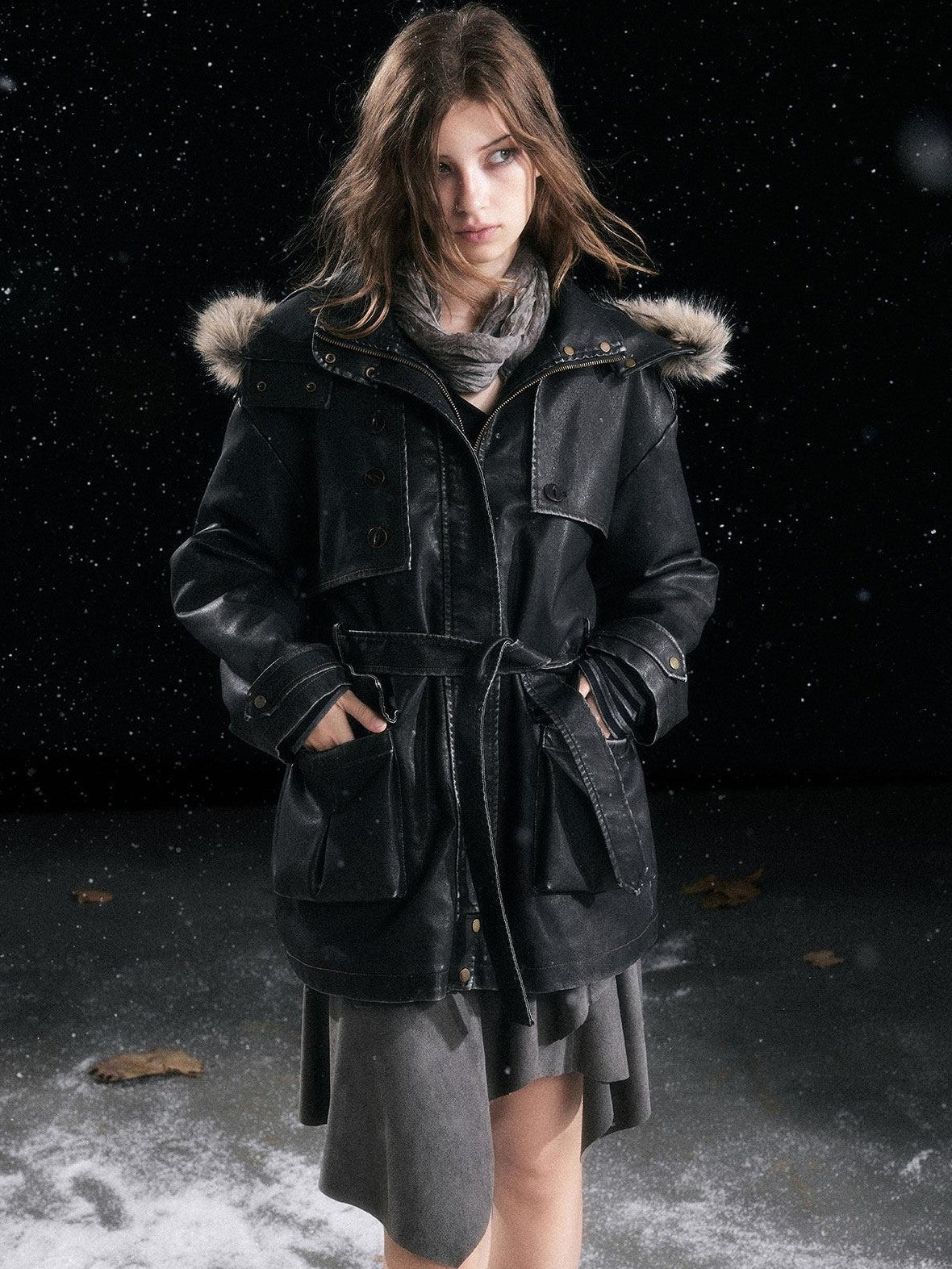 Cest Nous Insulated Commuter Hooded Straight Women Washed Black Leatherjackets