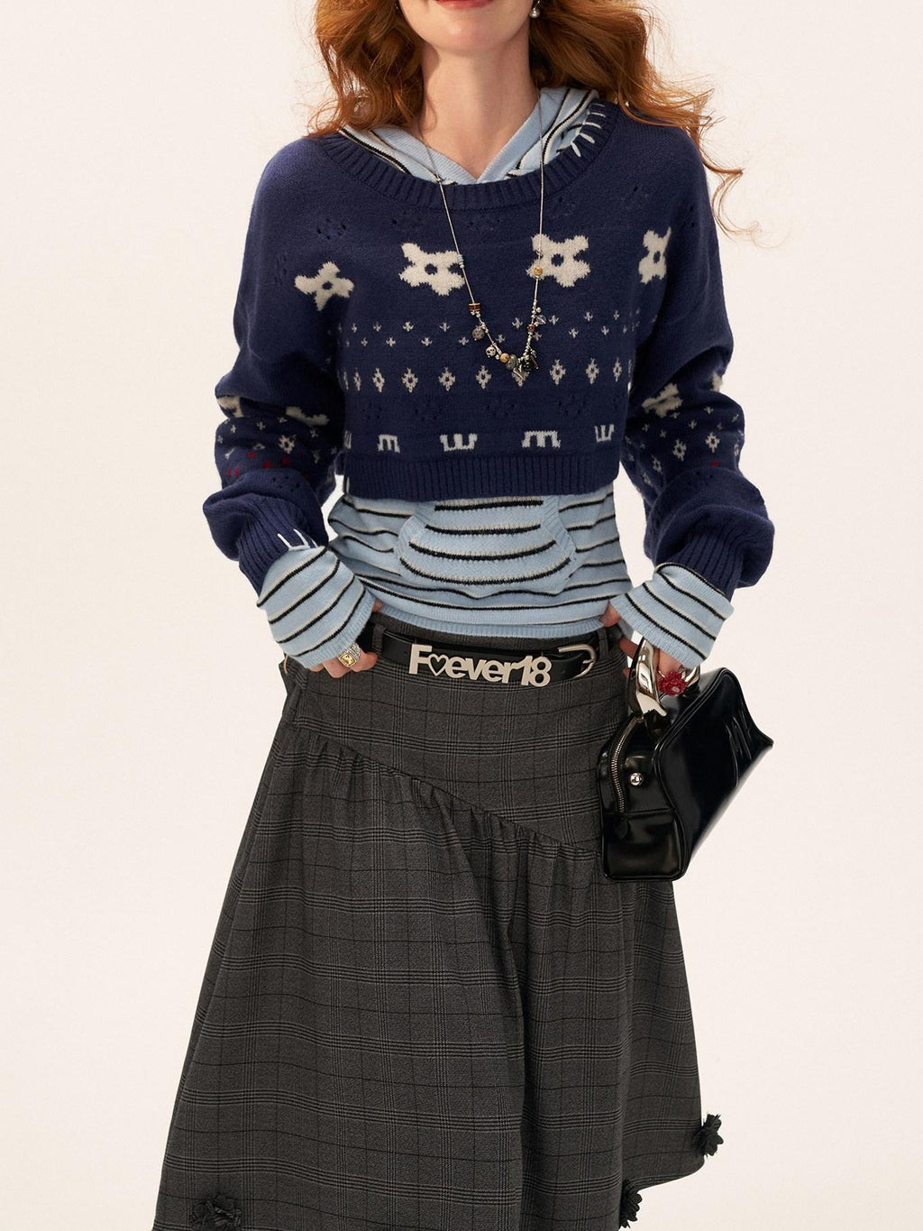 MAMC Sweet Hooded Striped Slim Fit Princess Style Long Sleeve Women Blue Knitwear