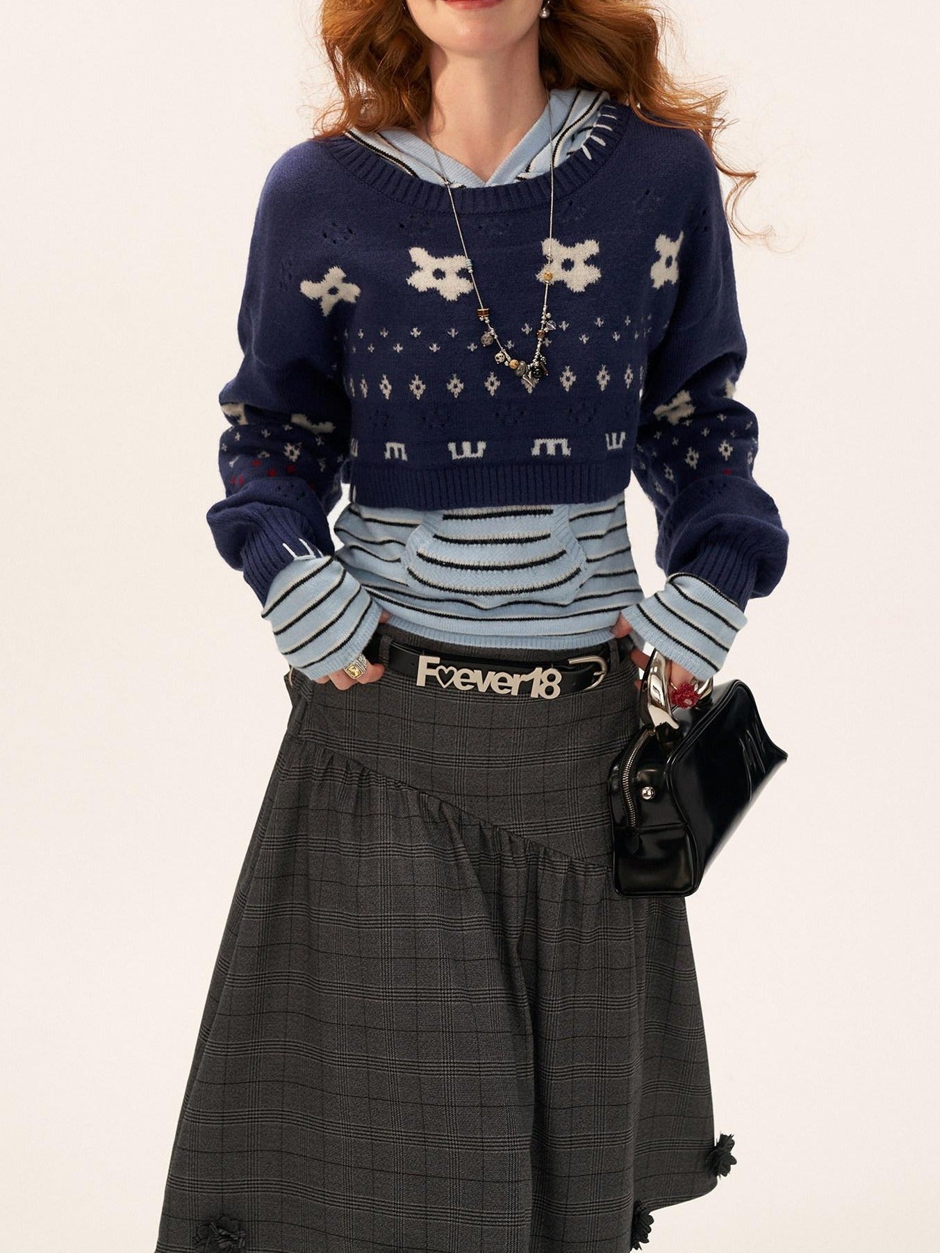 MAMC Sweet Hooded Striped Slim Fit Princess Style Long Sleeve Women Blue Knitwear