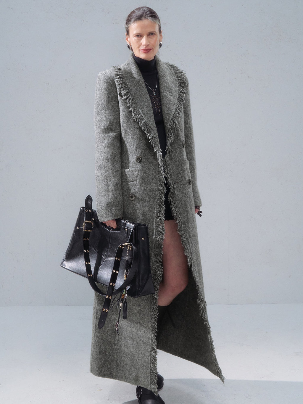OfAkiva Vintage Slim Wool V-neck Drop Shoulder Single Breasted Women Long Coats