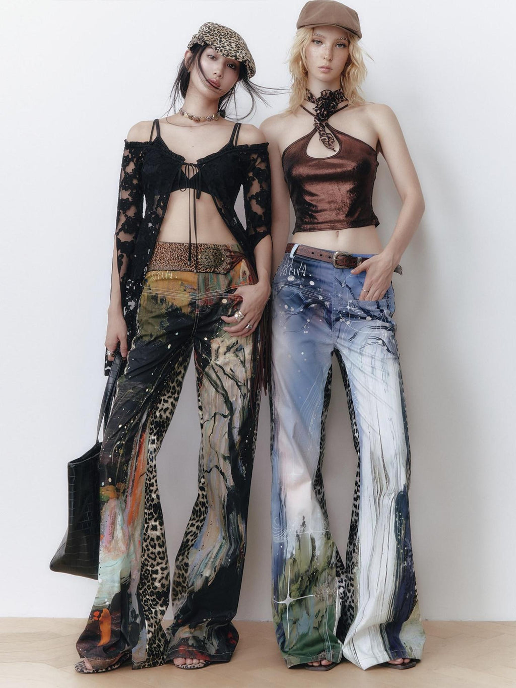 OfAkiva High Waist Leopard Patchwork Commuter Womens Straight Cut Flared Pants