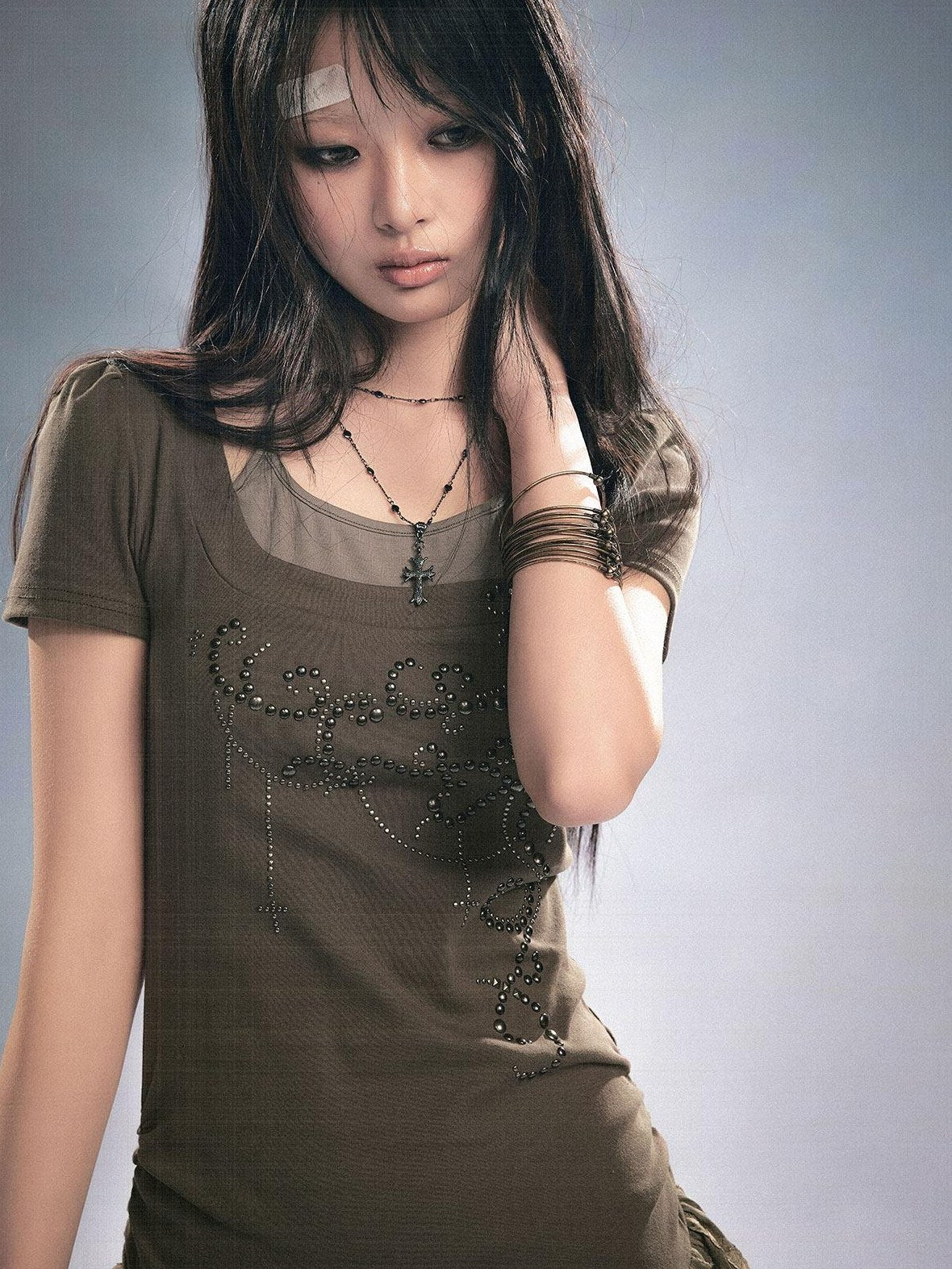 Cest Nous Rhinestone Patchwork Faux Two Piece Short Sleeve Women Sage Green Minidresses