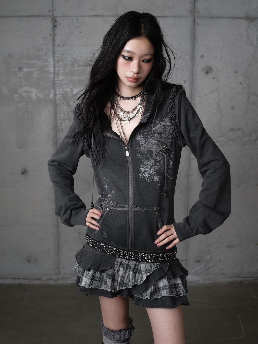 NO ROMANCE Deep Gray Y2K Printed Lace Detachable Hood Sweatshirt Women'S Mini Dresses