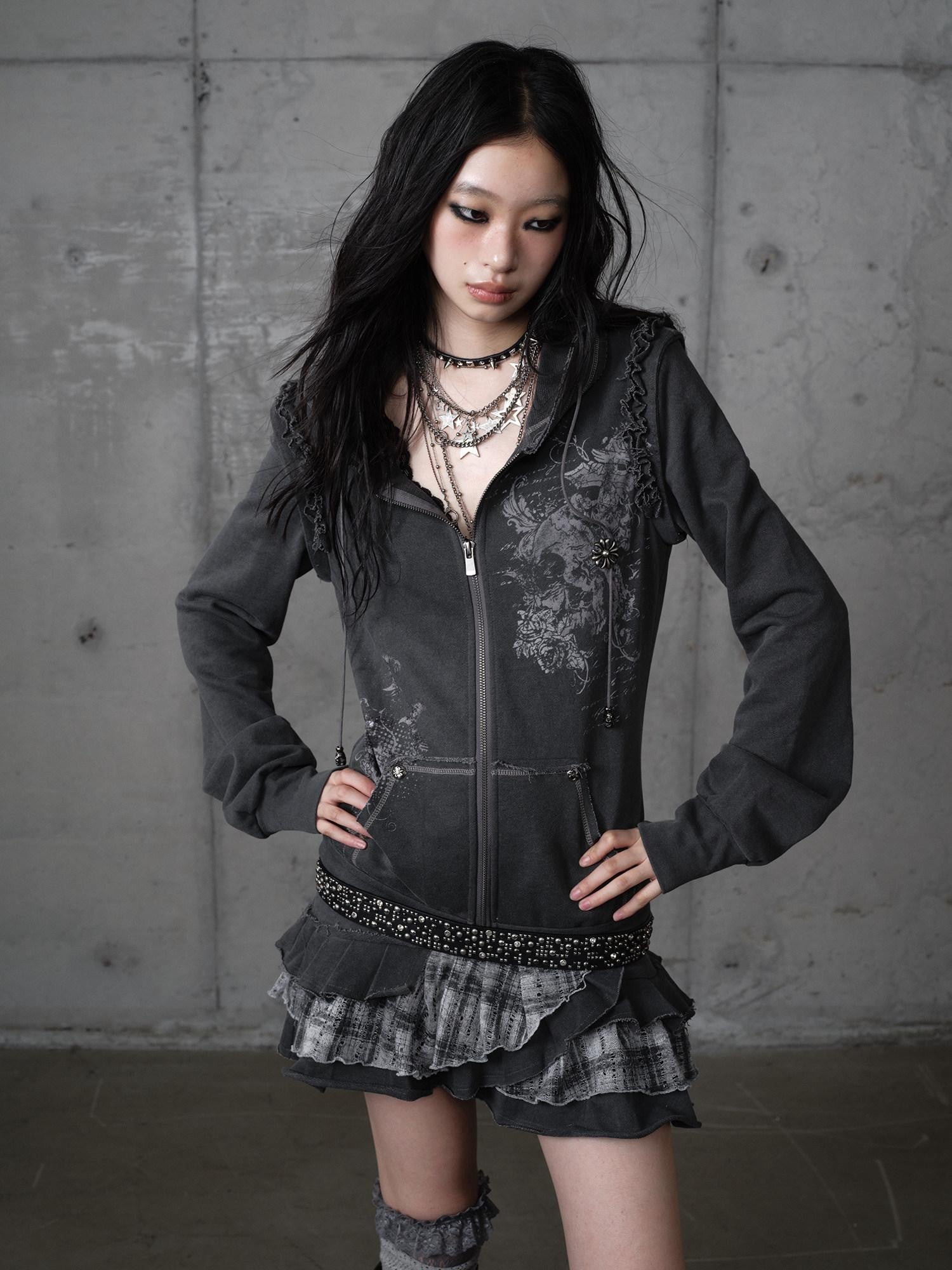 NO ROMANCE Deep Gray Y2K Printed Lace Detachable Hood Sweatshirt Women'S Mini Dresses