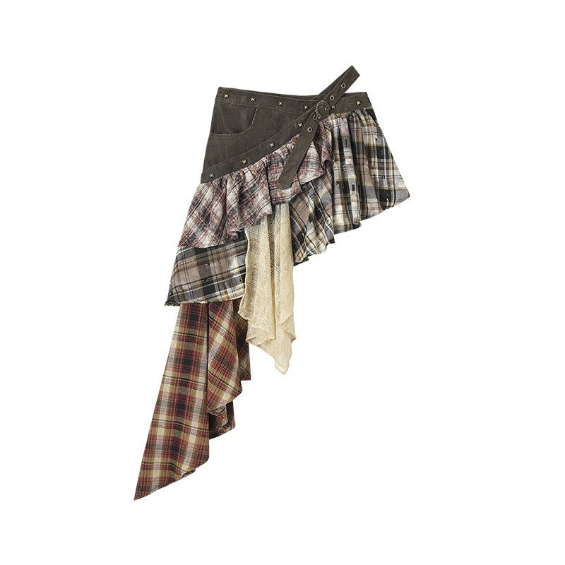 NO_ROMANCE_Punk_Asymmetric_Plaid_Patchwork_Rivet_Women'S_Cotton_Midi_Skirts_MISSTT