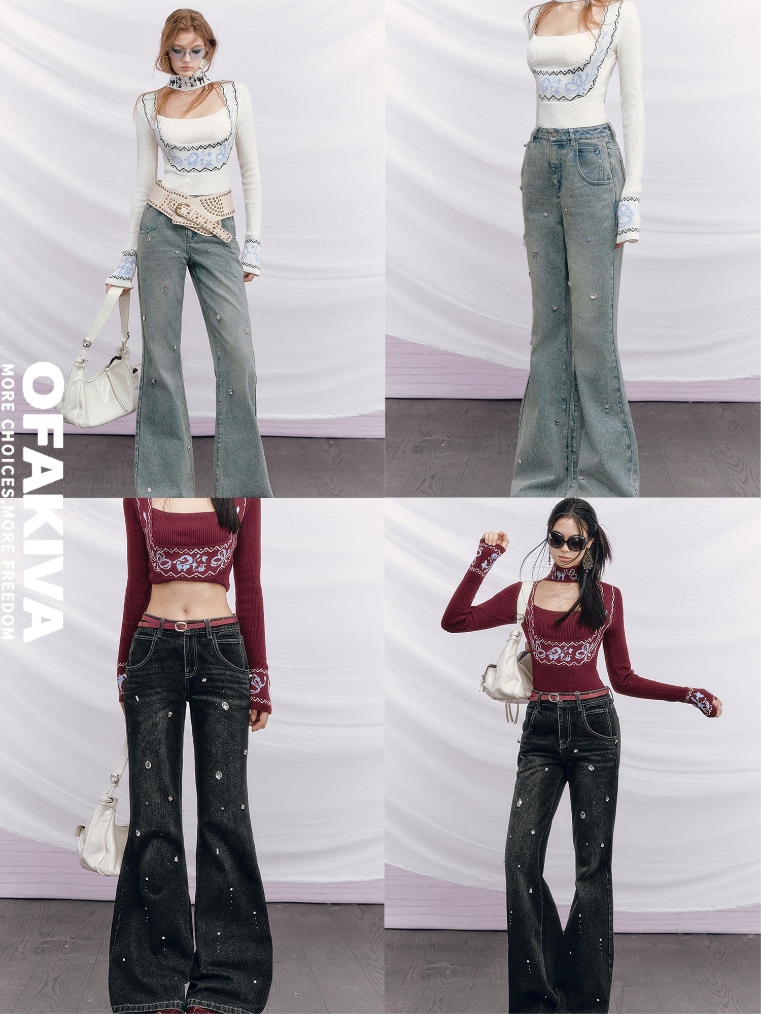OfAkiva High Waist Distressed Beaded Vintage Micro Flare Women Everyday Flared Jeans
