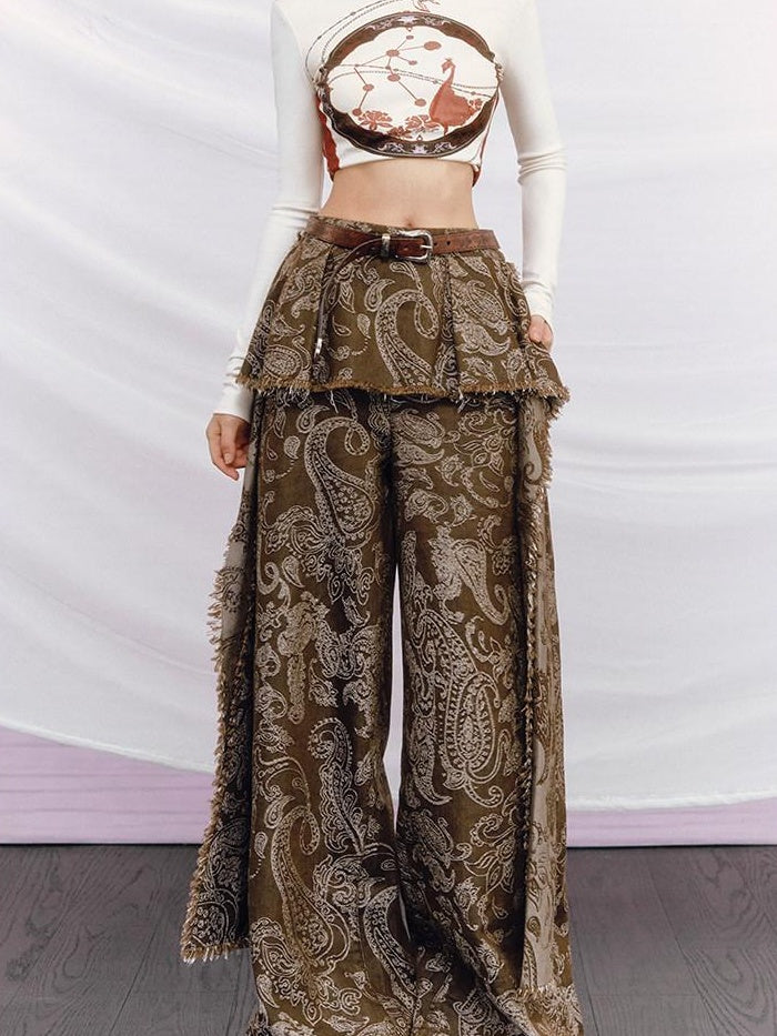 OfAkiva Pleated High Waist Zipper Fly Floral Print Women No Stretch Gray Wide Leg Pants