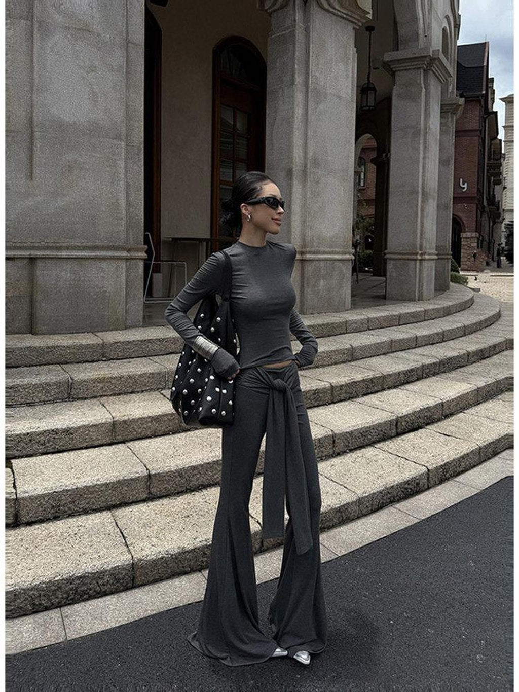 ZERO High Stretch Tie Crop Tee Slim Fit Long Sleeve Solid Top & Pants Sets