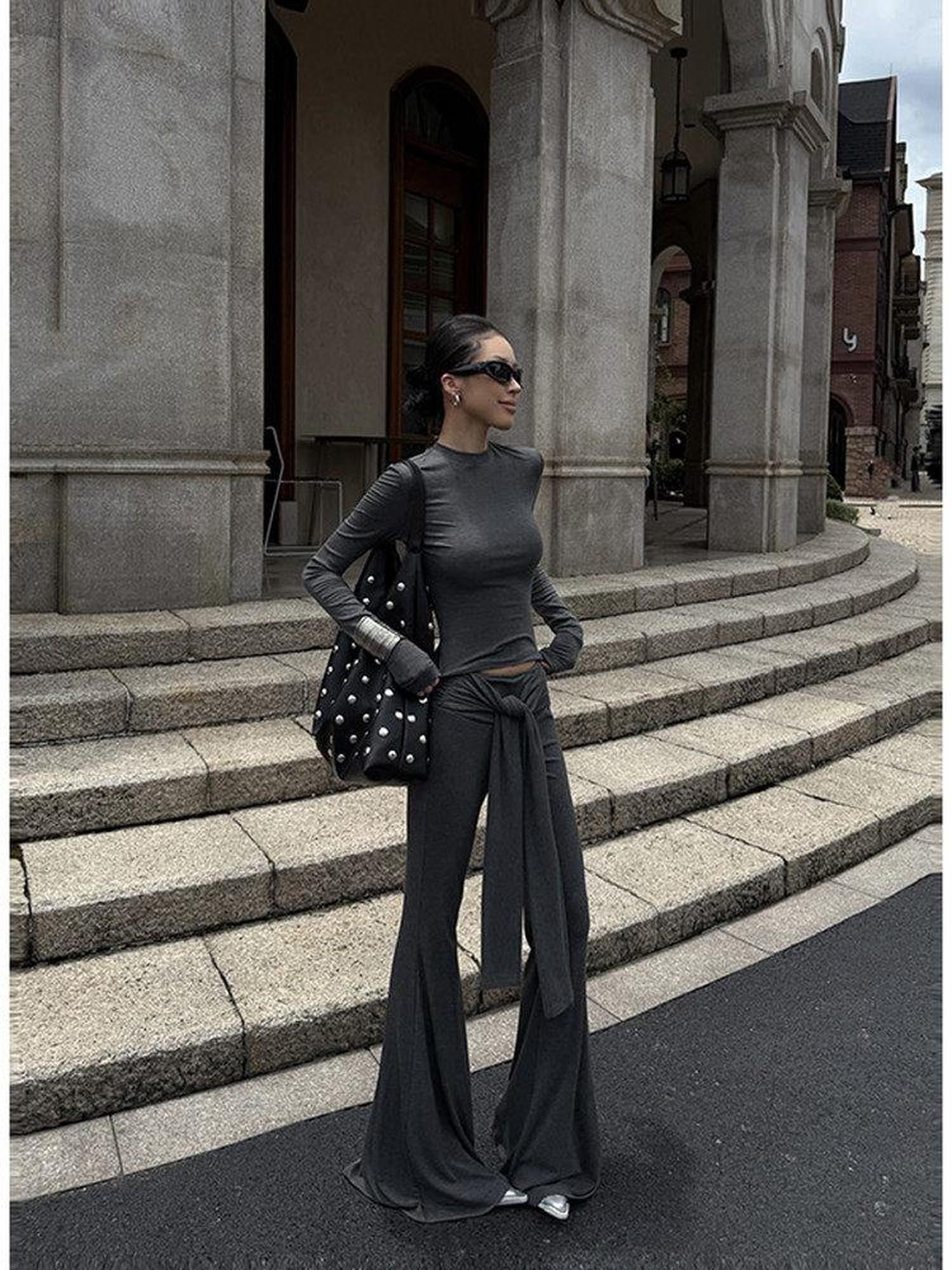 ZERO High Stretch Tie Crop Tee Slim Fit Long Sleeve Solid Top & Pants Sets