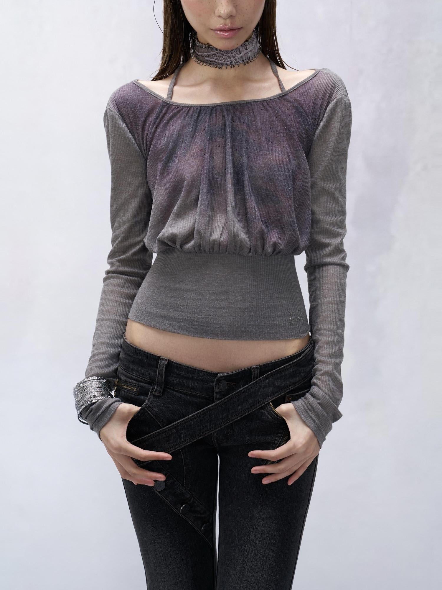 Flowers birds Market 100% Cotton Slim Cropped Striped Crew Neck Gray Printed Long Sleeve T-Shirts