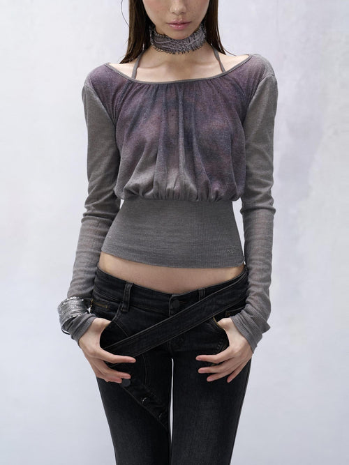 Flowers birds Market 100% Cotton Slim Cropped Striped Crew Neck Gray Printed Long Sleeve T-Shirts