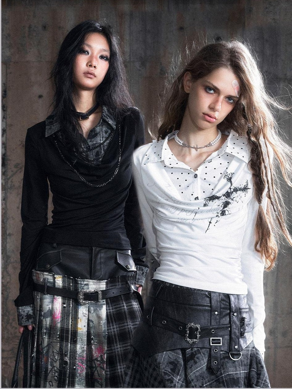 Cest Nous Tencel Non Deforming Punk Slim Printed Polo Collar Women Longsleevet-Shirts