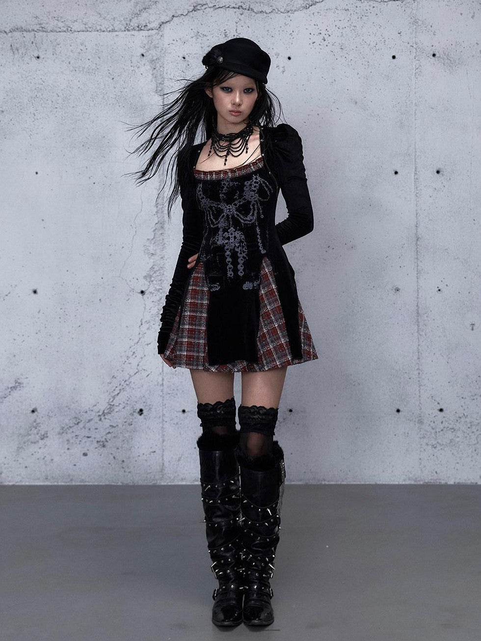 NO ROMANCE Baroque Plaid Polka Dot Square Neck Puff Sleeve Women'S Velvet Mini Dresses
