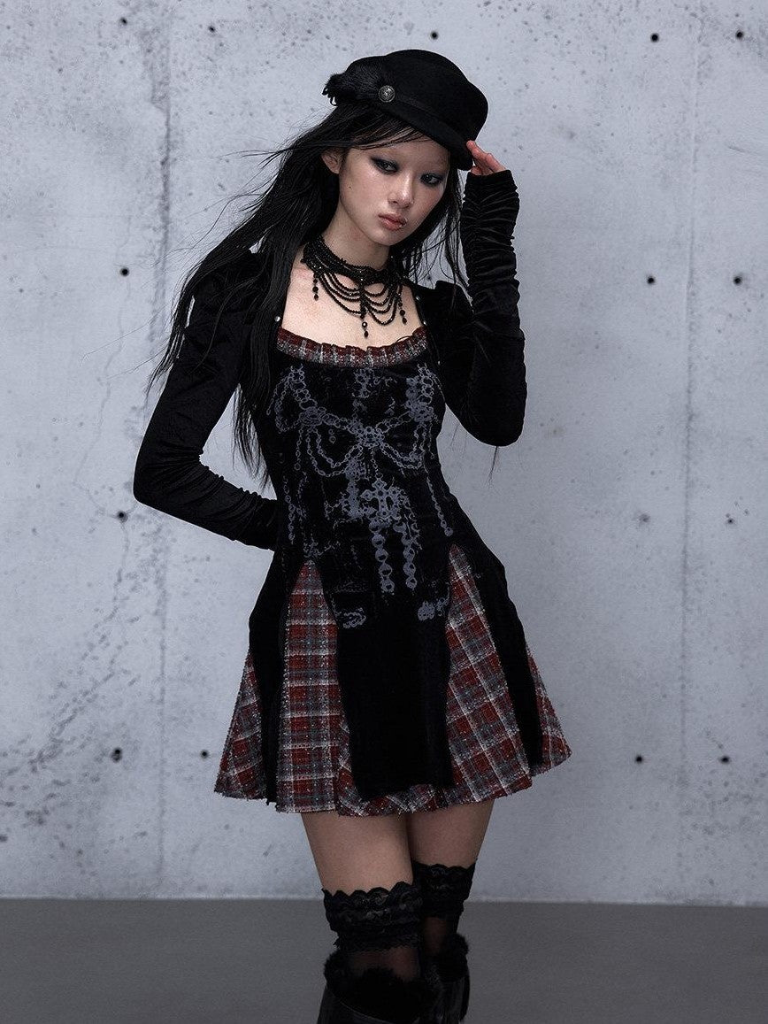 NO ROMANCE Baroque Plaid Polka Dot Square Neck Puff Sleeve Women'S Velvet Mini Dresses