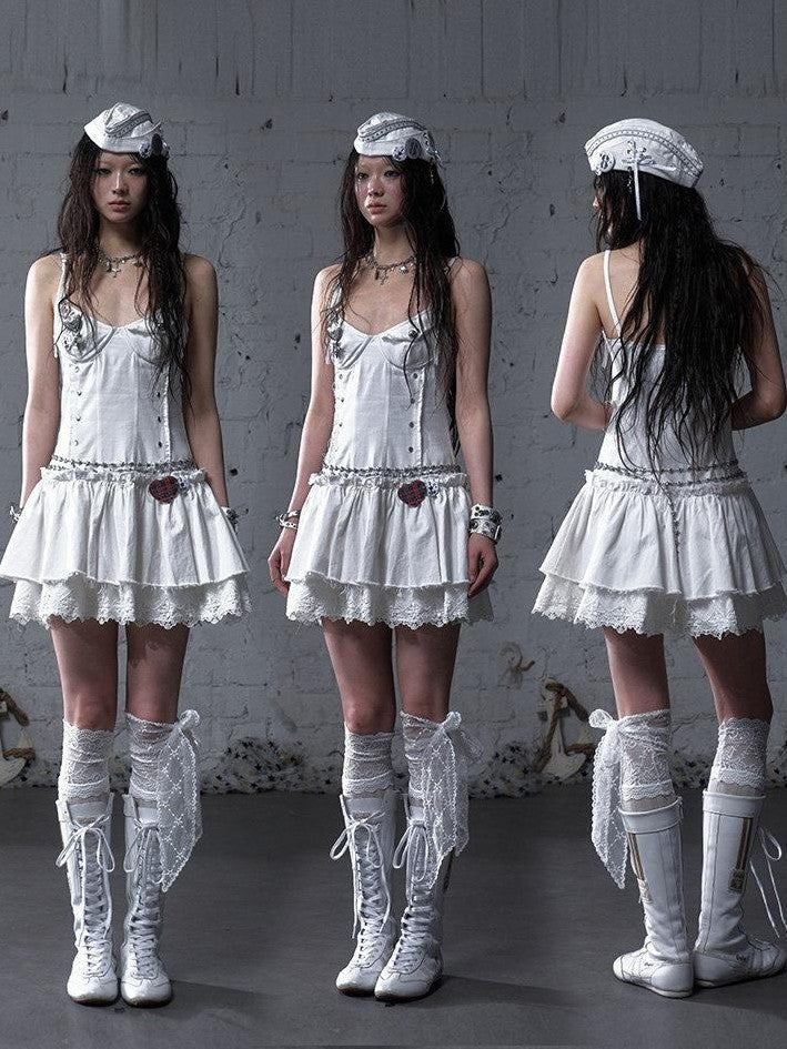 NO ROMANCE Washed Frayed Hem Vintage Punk Academy Women'S Cotton Slip Mini Dresses