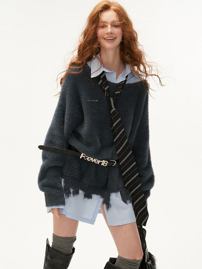 MAMC Cozy Nylon Blend Loose Fit Minimalist Work Layered Look Black Gray Sweaters