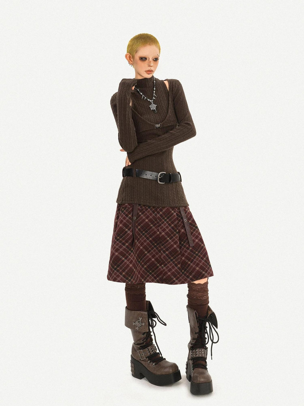 Nico Molly Casual Distressed Plaid A Line Button Pocket Midwaist Tweed Women Midi Skirts