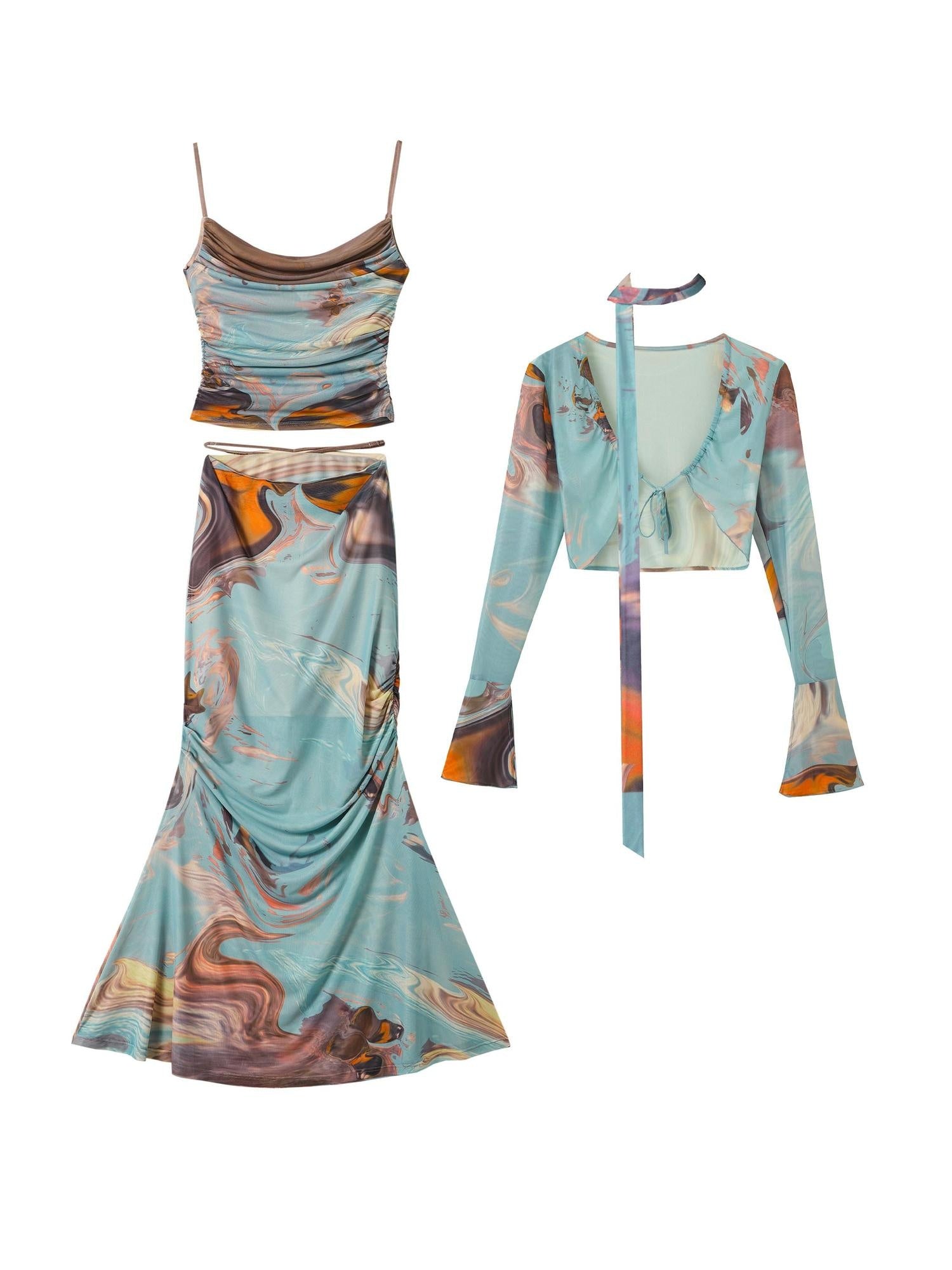 OfAkiva Polyester Camisole Two Piece With Shawl S M L Xl For Women Top & Skirt Sets