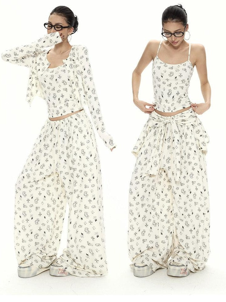 ZERO Soft Blend Printed 3Pc Casual Cardigan Vest Pants Top & Pants Sets