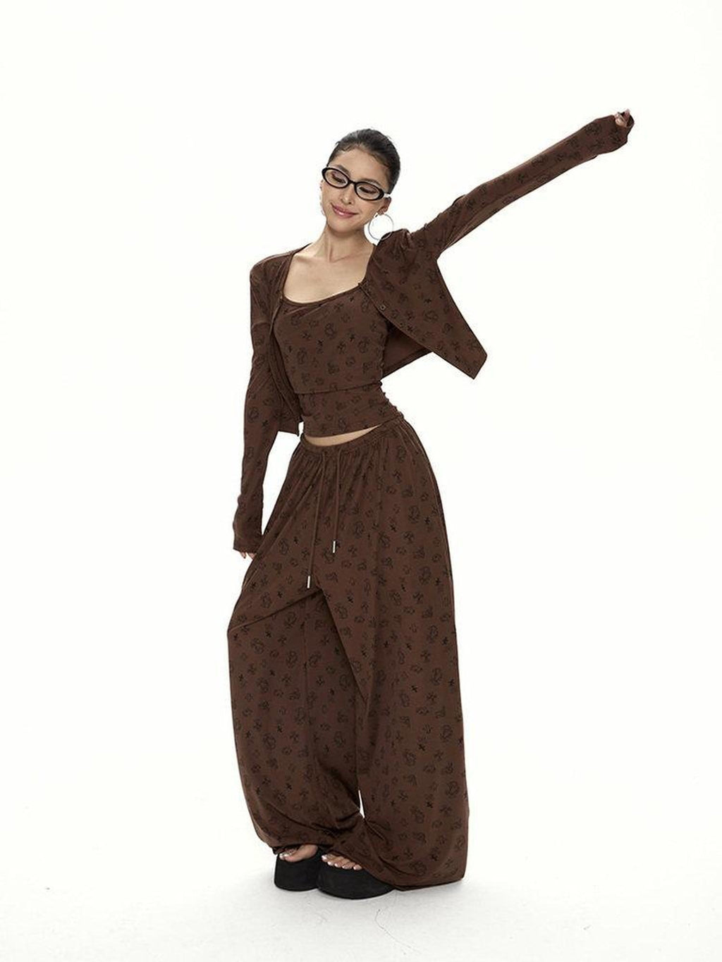ZERO Soft Blend Printed 3Pc Casual Cardigan Vest Pants Top & Pants Sets