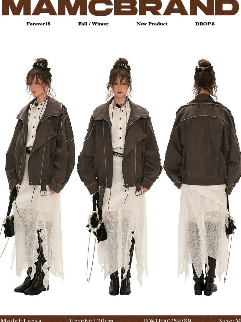 MAMC Stretch Polyester Loose Fit Mechanical Lapel Zipper Gray Leather Jackets