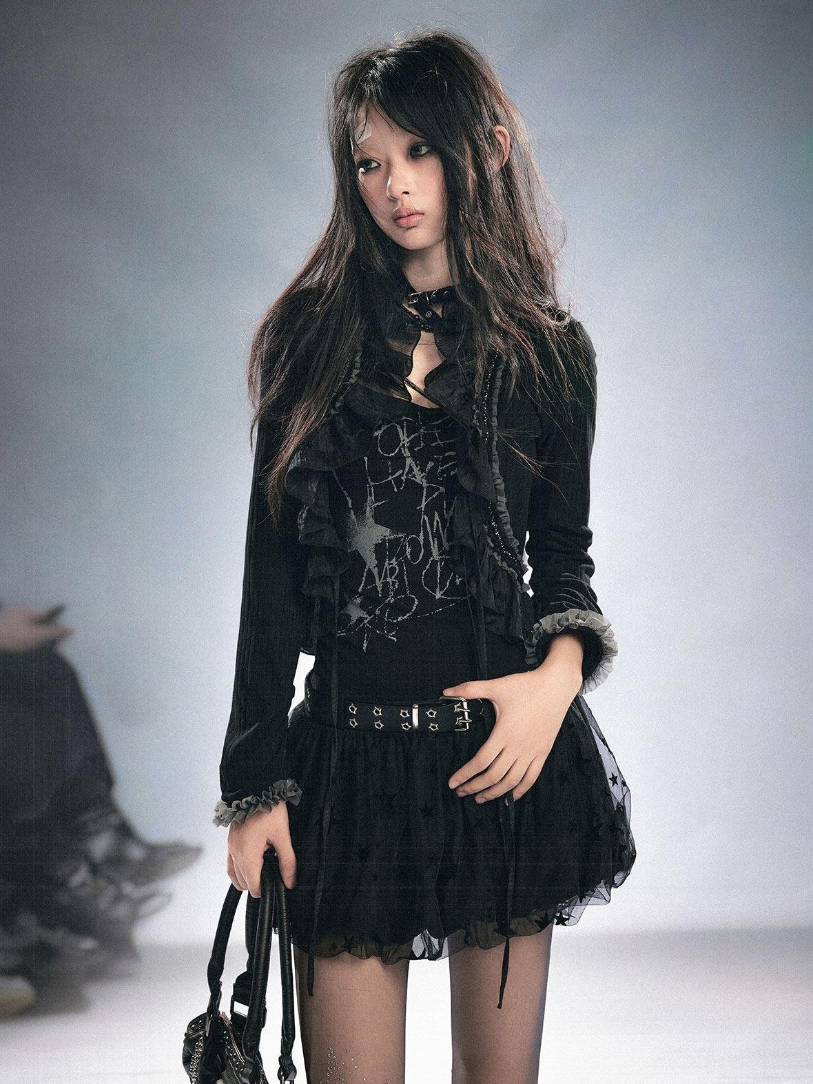 Cest Nous Cotton Slim Fit Regal Ruffle Knit Cardigan Cropped Long Sleeve Black Blouses