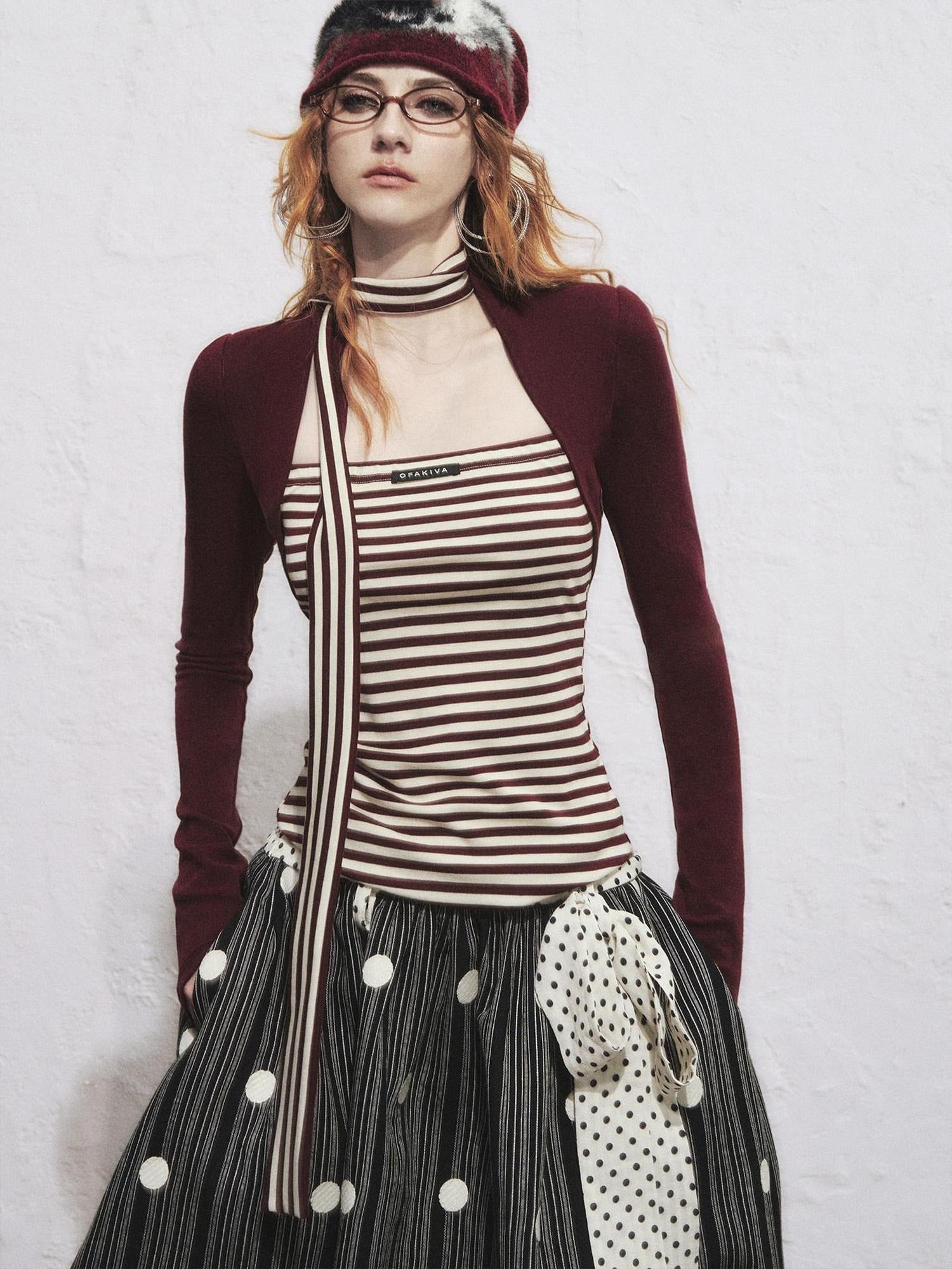 OfAkiva Slimming Striped Faux Layer Square Neck Crop Womens Casual Long Sleeve T-Shirts