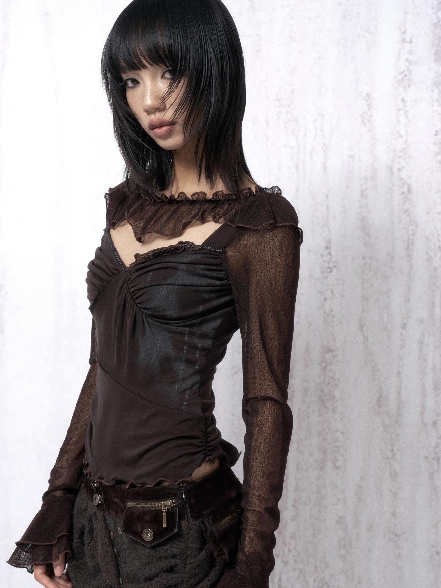 OPEN AESTHETIC Cotton Blend Vintage Lace Print Slim Bell Sleeve Dark Brown Long Sleeve T-Shirts