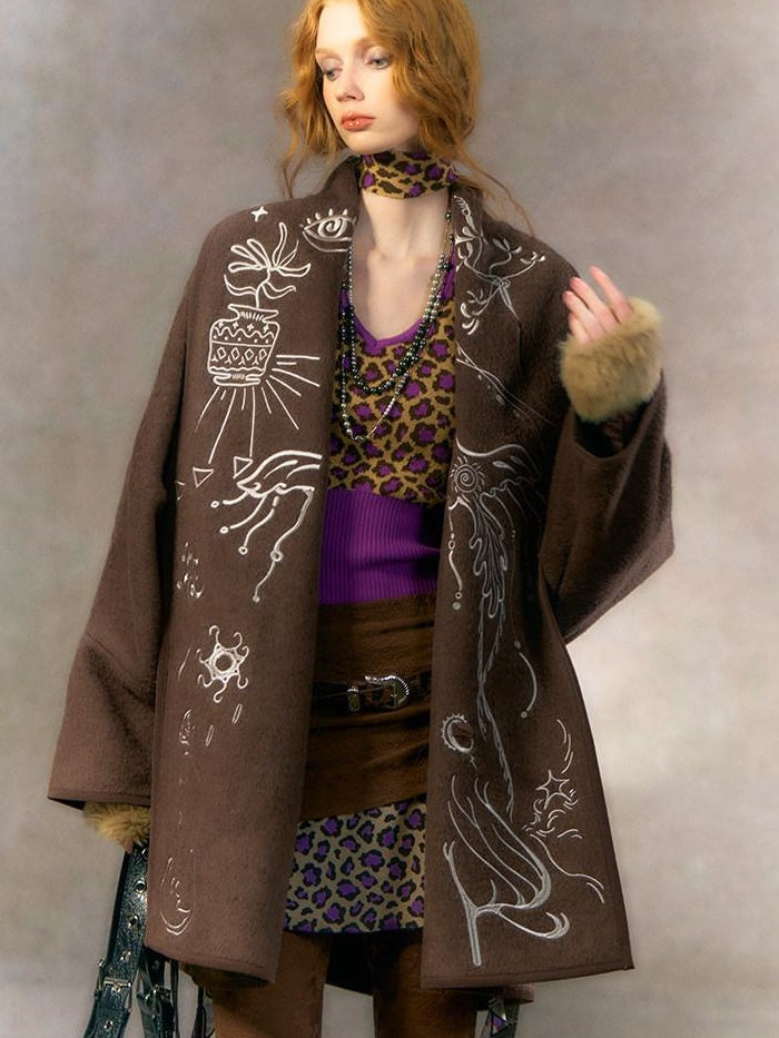 OfAkiva Embroidered Double Faced Wool Elegant Loose Fit Women Brown Short Coat
