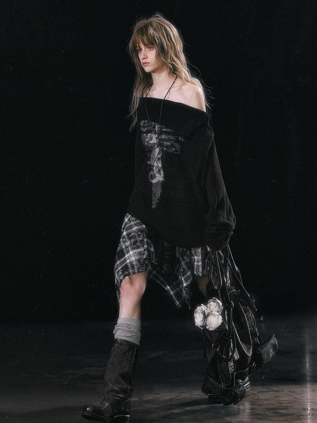 Cest Nous Patchwork Asymmetrical Punk Plaid A Line Mid Waist Women Cotton Midiskirts