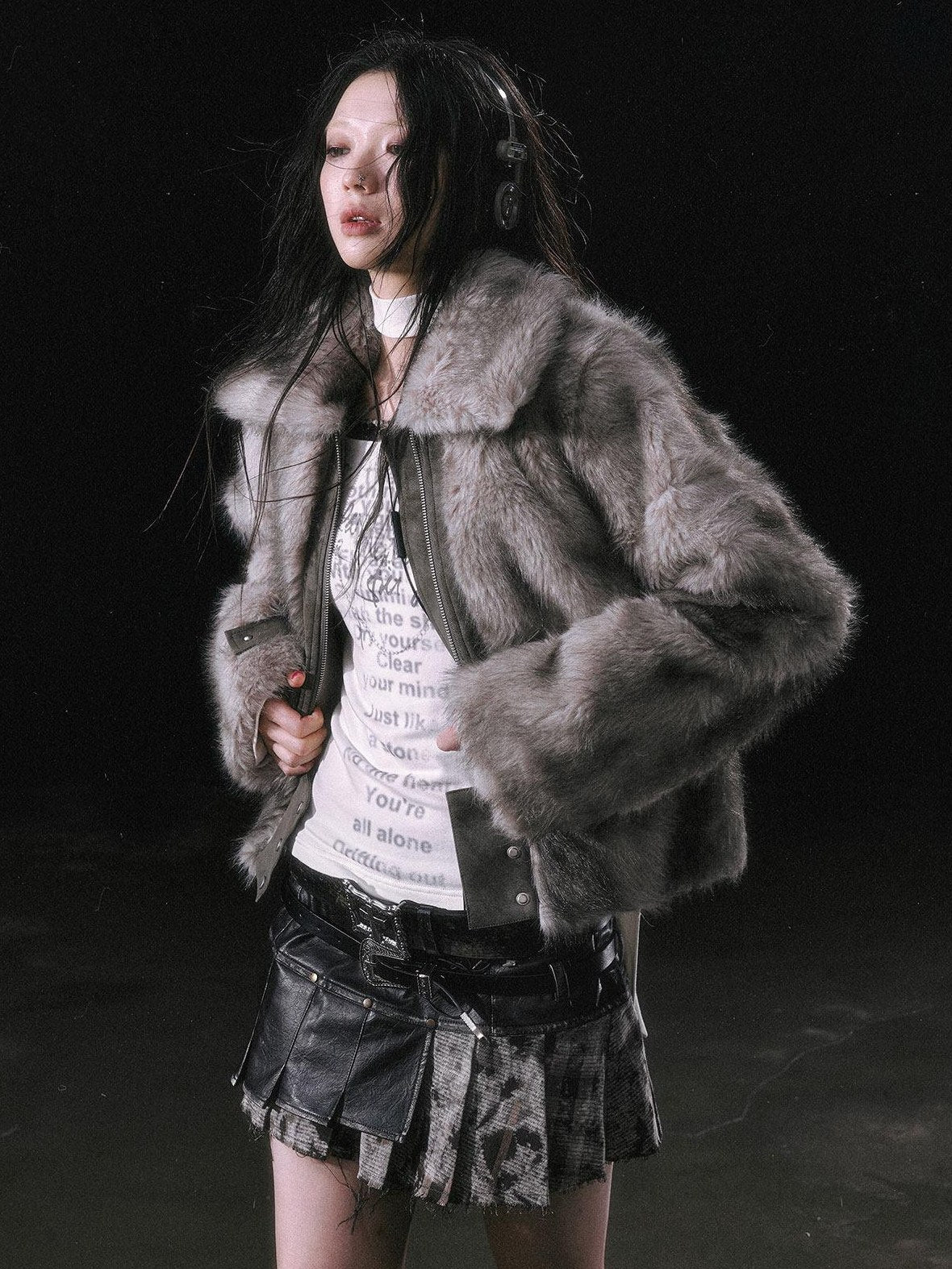 Cest Nous Thick Fur Collar Punk Street Short Fit Young Adults Silver Gray Beige Jackets