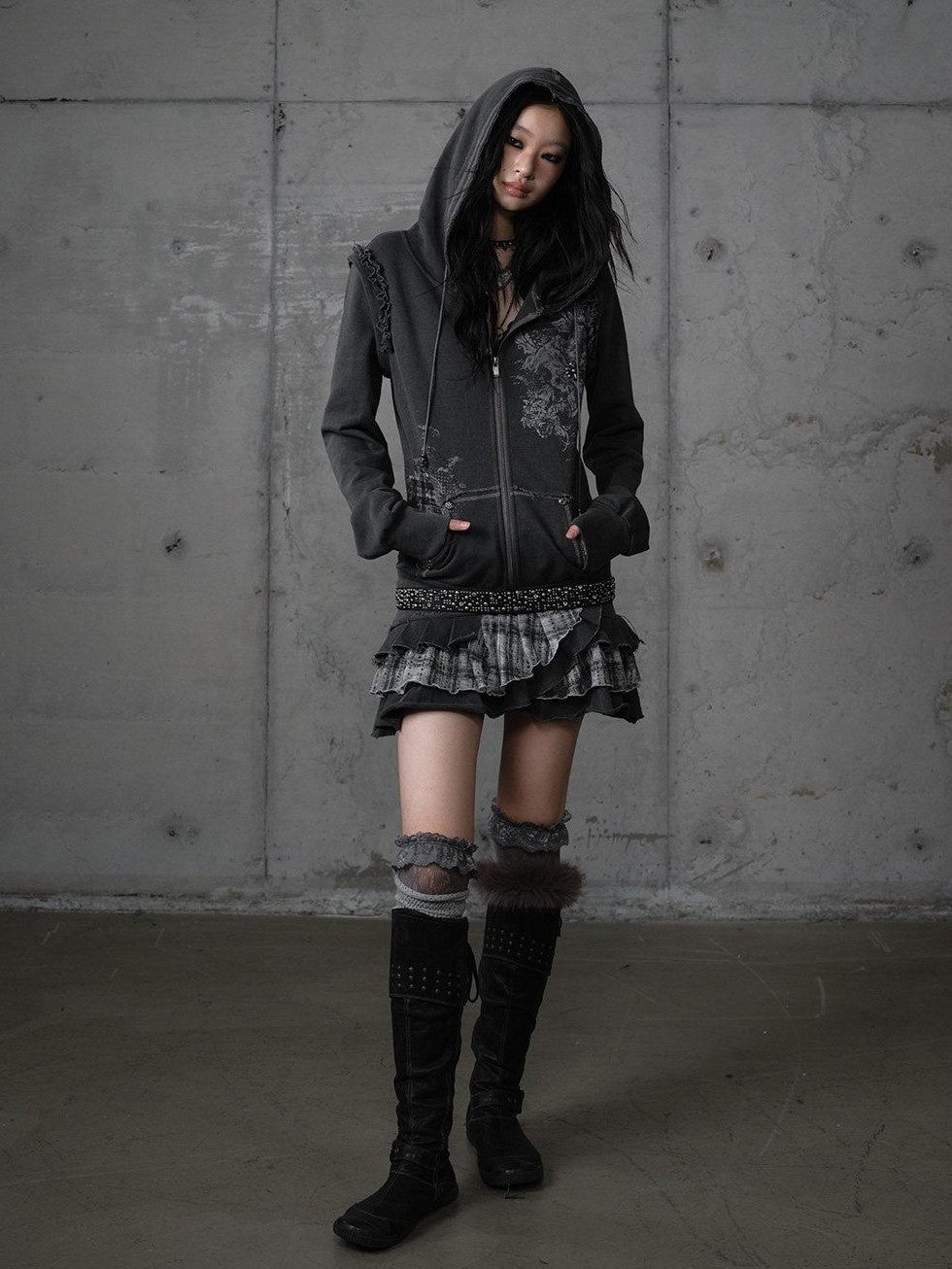 NO ROMANCE Deep Gray Y2K Printed Lace Detachable Hood Sweatshirt Women'S Mini Dresses