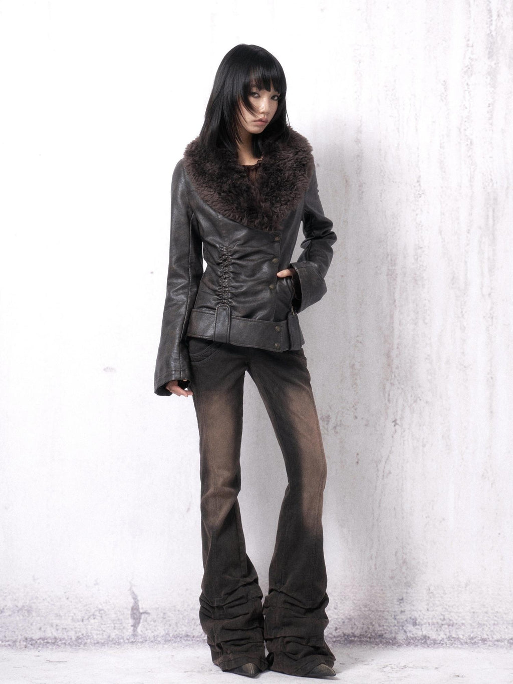 OPEN AESTHETIC Warm Fur Collar Slim Fit Retro Pleated Pu Brown Notch Collar Leather Jackets
