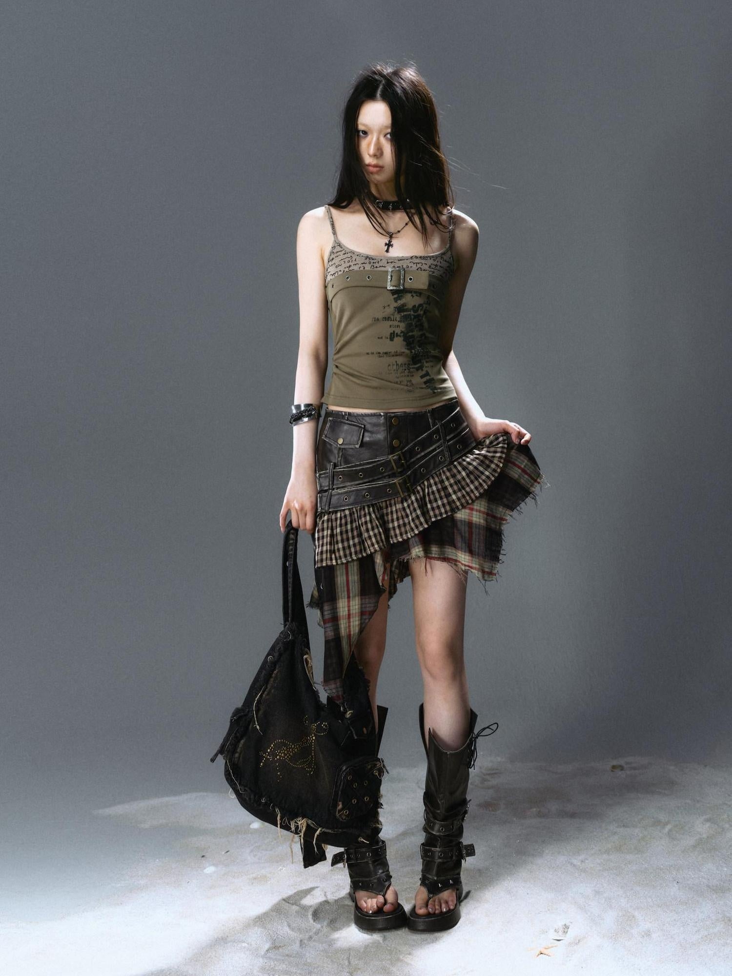 Cest Nous Pu Asymmetric Patchwork A Line Low Waist Punk Street Casual Black Midiskirts