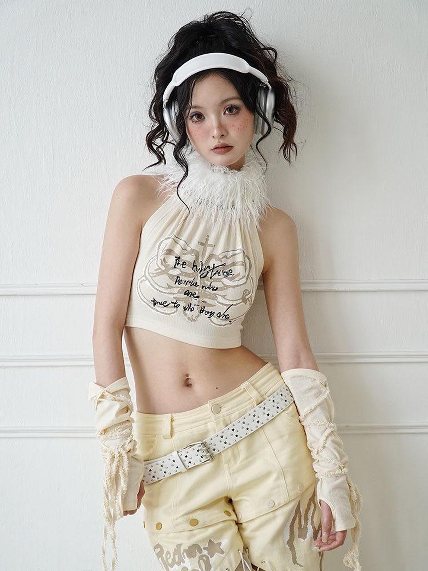 WSW 100 Percent Cotton Soft Halter Cropped Original Design Women Beige Tank Tops