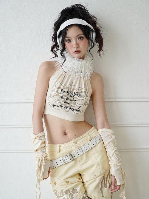 WSW 100 Percent Cotton Soft Halter Cropped Original Design Women Beige Tank Tops